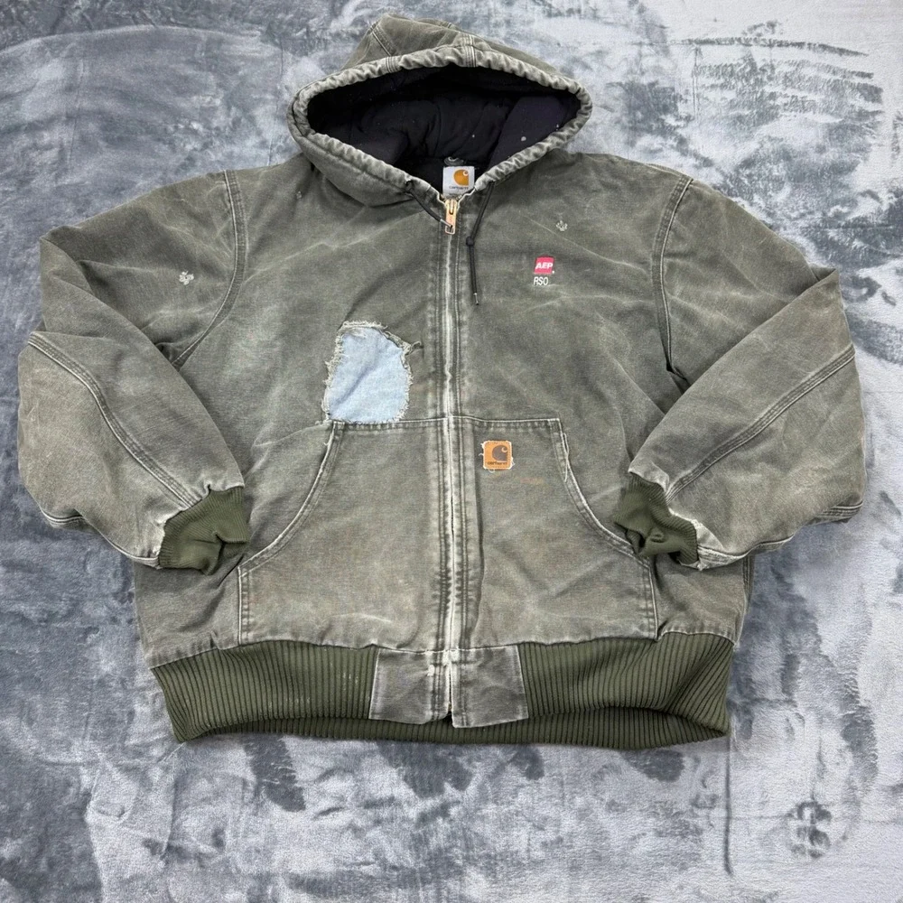 VTG Carhartt J130 MOS Fade Distressed Moss Green Jacket Mens XL Quilt Lined Hood